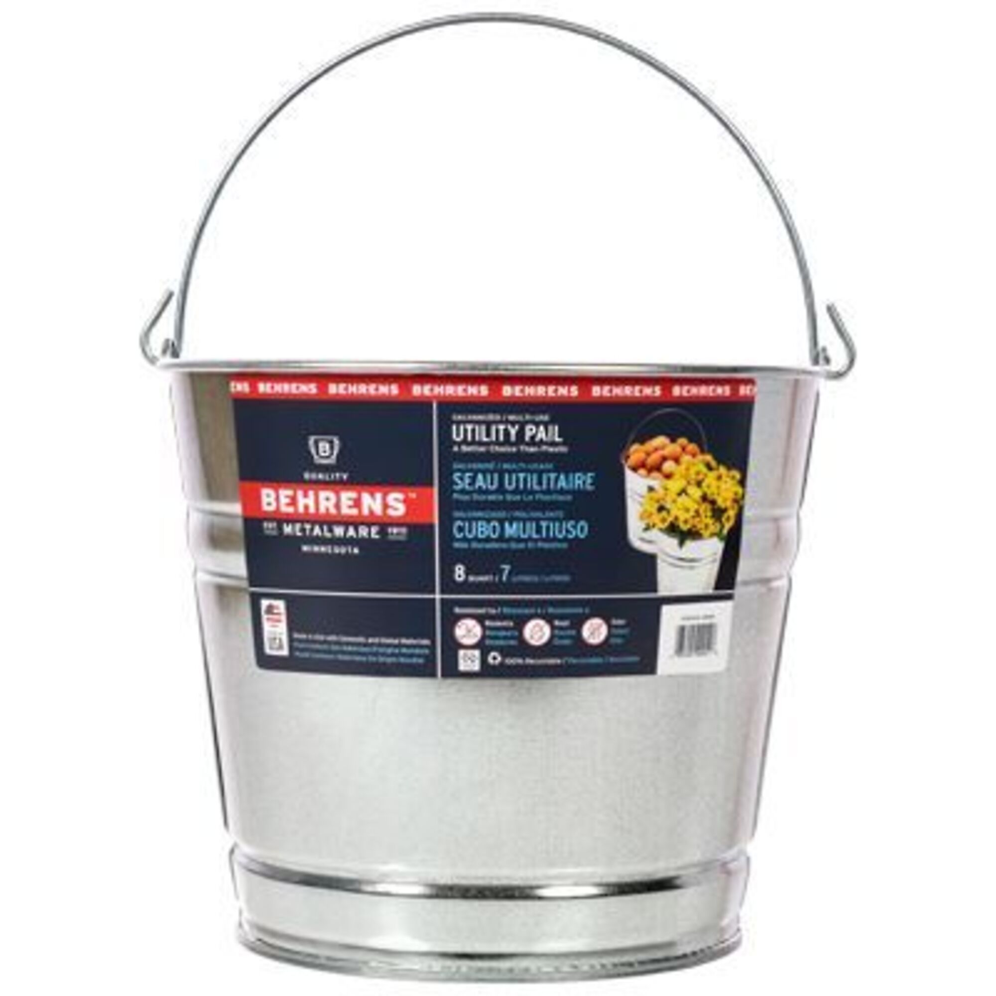 Behrens Metalware Classics, 8 Quart Galvanized Steel Pail, Capacity 2 Gal, Color Family Silver, Material Galvanized Steel, Model# 1208GS